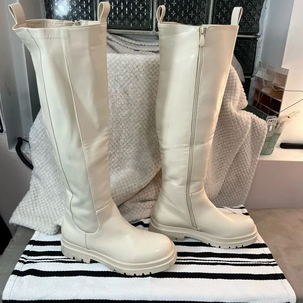 Fashion Nova Nude Big Moves Chelsea Lug Sole Knee High Boots Size 11 - Picture 5 of 11